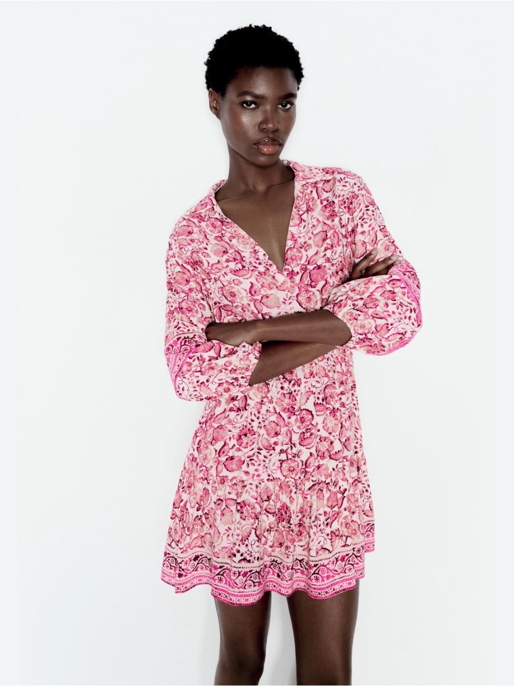 Zara Pink Floral V-Neck Long-Sleeve Mini Dress